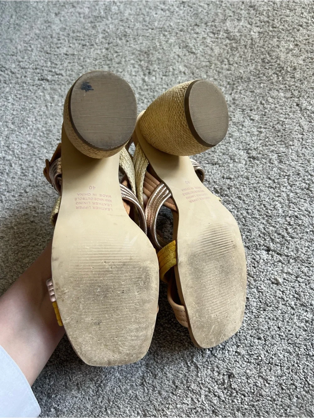 Anthropologie Silent D Fate Size 40 Chunky Heel Strappy Sandals Beige Yellow